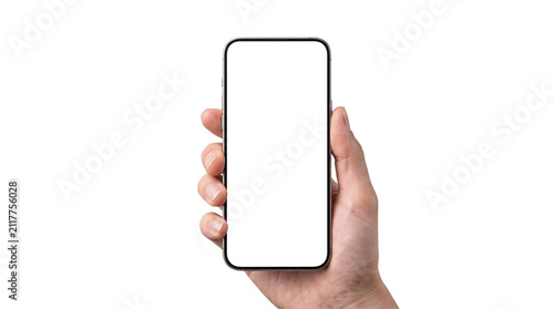 Cuadro en lienzo Hand holding a smartphone with a blank white screen png isolated on transparent