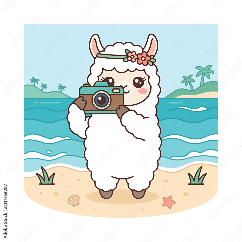 Fototapeta premium Cute cartoon llama taking a photograph with a camera on a tropical beach.