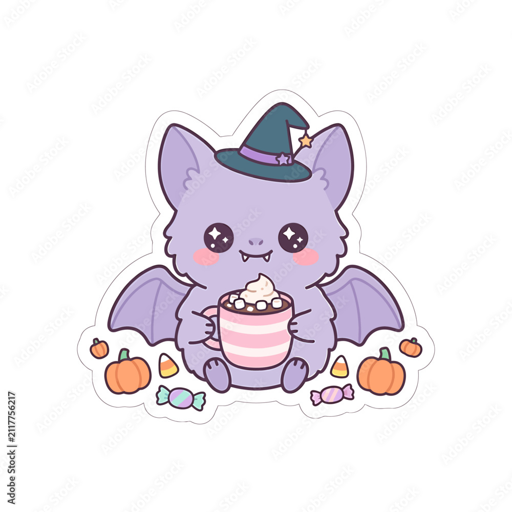 Obraz premium Cute cartoon purple bat wearing a witch hat holding a mug with hot cocoa and marshmallows surrounded by halloween candies and pumpkins.