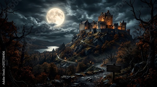 Majestic medieval castle perched on a hill under a bright full moon at night with dramatic clouds and a scenic mountain landscape backdrop