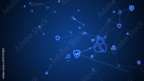 Abstract blue cybersecurity network concept background featuring glowing lock icons, data protection shields, threat warning signs, and futuristic interconnected digital cloud technology nodes