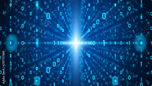 Abstract blue digital binary code tunnel background featuring glowing light, biometric security data processing, cyber access concept, futuristic network technology and digital information systems