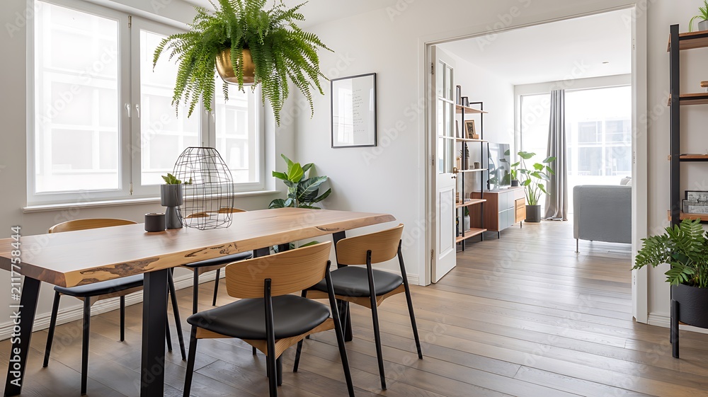 Fototapeta premium Modern dining room with a hanging plant and natural wood table