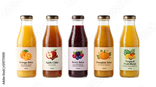 Assorted fruit juice bottles with labels on wooden board autumn theme.