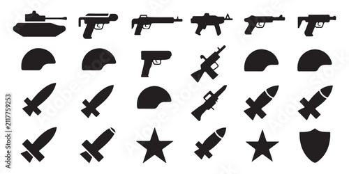 Fotografie Military and weapon vector icon set featuring tanks, guns, helmets, rockets, stars, and shields