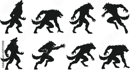Obraz na płótnie Set of eight black silhouette of werewolves in various aggressive poses and acti