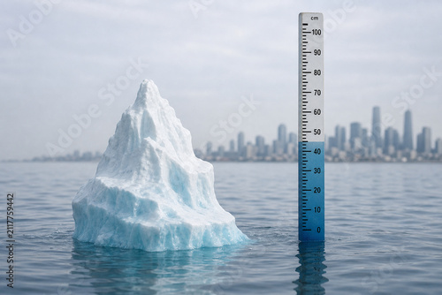 Melting iceberg model with water measuring pole, sea level rise and climate awareness concept.