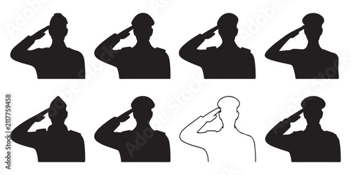 Obraz na plátně Silhouettes of soldiers saluting in various military uniforms and headwear including a line art outline
