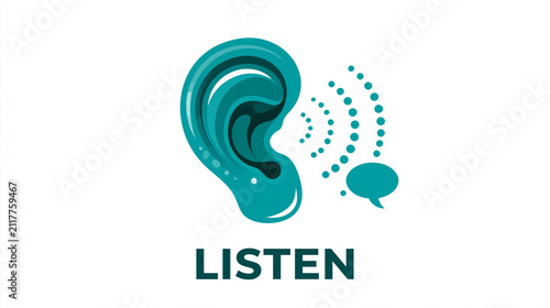 Minimalist teal ear icon with dotted sound waves and speech bubble, listen text on bright white background for clean audio communication
