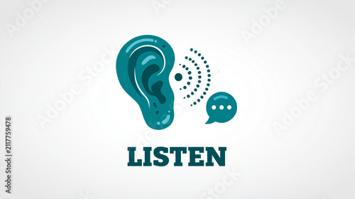 Minimalist teal ear icon with dotted sound wave lines and speech bubble, listen word on bright white background for hearing and audio awareness