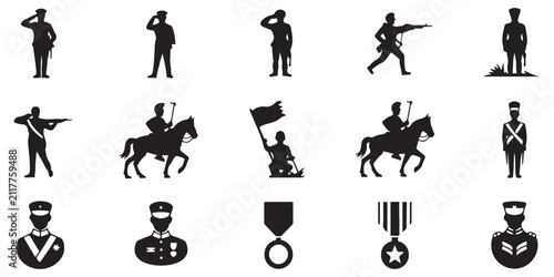 Military service icons featuring soldiers in uniform saluting marching on horseback with medals and officer insignia.