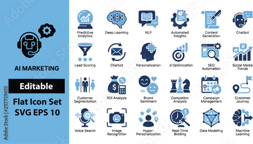 AI Marketing Flat Icon Set for Digital Marketing and Business Analytics