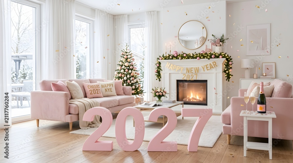 Obraz premium Elegant living room interior decorated for christmas with large pink number balloons for new year 2027