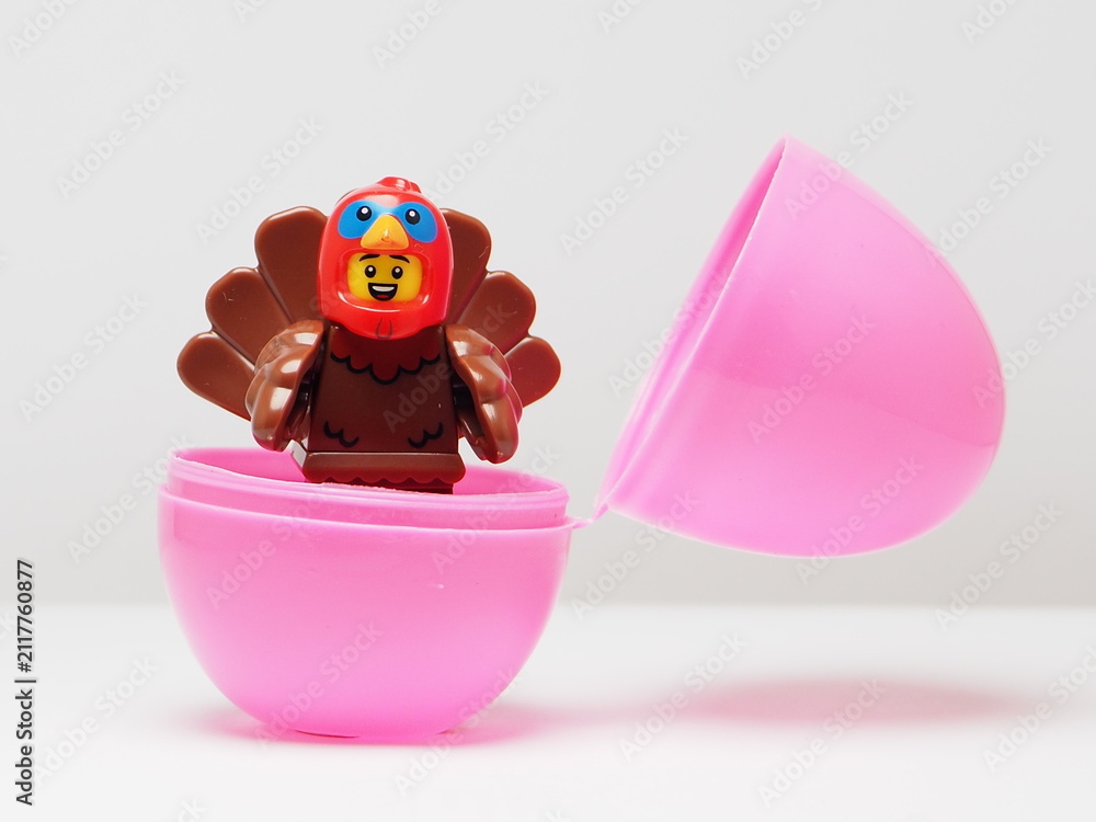 Fototapeta premium Indonesia - February 8, 2026 : Mini toy of action figure at outdoor with blur background. Miniature photography concept design. Minifigure of baby chicken character coming out from egg. New born bird