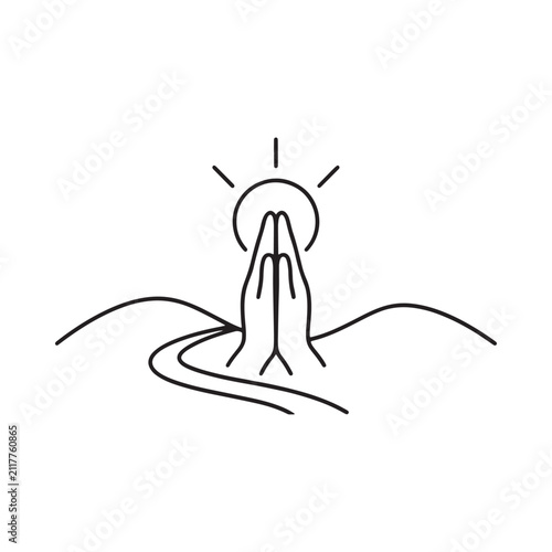 Fotografie Praying hands with halo line drawing on a white background