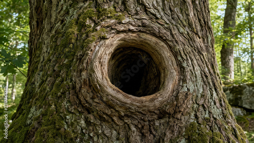 Large circular natural hollow inside textured oak tree trunk in green forest, nest in wildlife