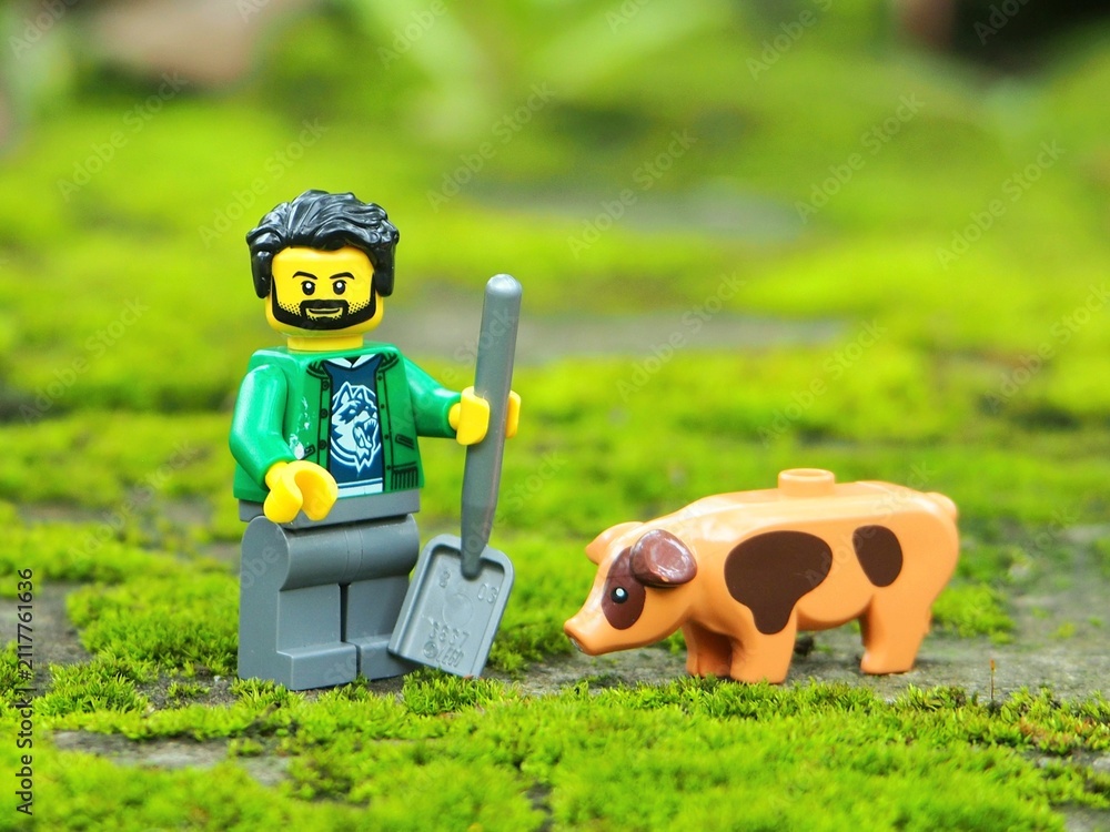 Fototapeta premium Indonesia - November 30, 2025 : Mini toy of action figure at outdoor with blurred background. Miniature photography concept design. Minifigure of farmer character and pig at farmland with green grass.