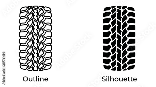 Tire Tread Patterns: Two distinct tire tread patterns, an outline and a silhouette, showcase the detailed design of tire grooves, emphasizing grip and traction.