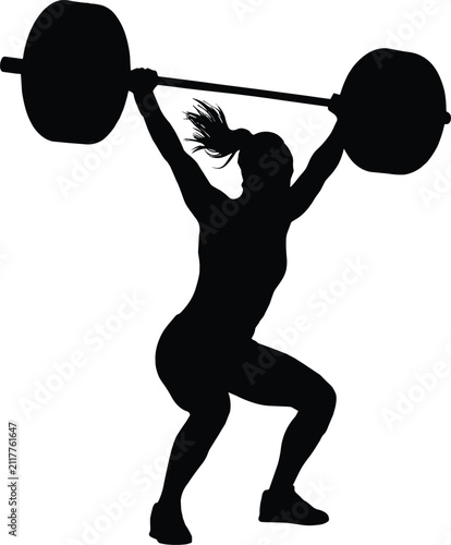 Black silhouette of a strong athletic woman lifting a heavy barbell overhead isolated on white