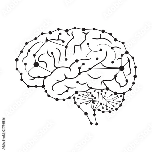 Foto Brain with network connections black line drawing on white background