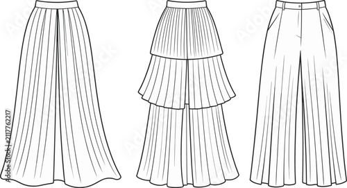 Foto Three white pleated skirts with gathered waistbands on white background