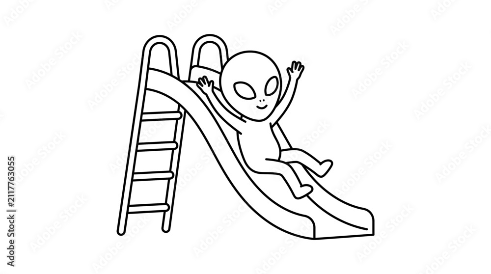 Obraz premium Alien character sliding down a playground slide.