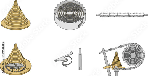 Фотография Vintage Horology Watchmaking Mechanism Vector Elements Set Featuring Fusee Cone