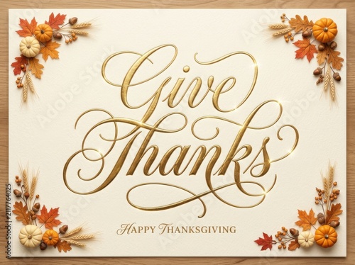Elegant give thanks calligraphy greeting card decorated with autumn leaves and mini pumpkins for thanksgiving celebration
