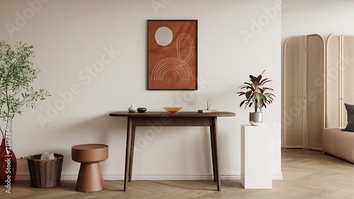 Minimalist living room interior design with wooden console table and art mockup