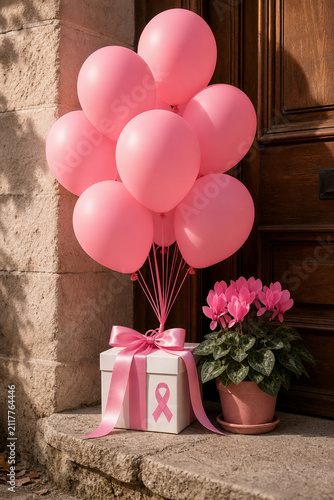 Matte pink balloons, satin ribbon and gift box with pink cyclamen plant on doorstep, autumn awareness gift