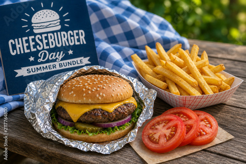 Foil-wrapped cheeseburger with fries and tomato on picnic bench, summer meal bundle concept