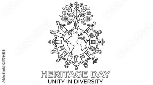 Heritage day illustration with people around earth black and white line art