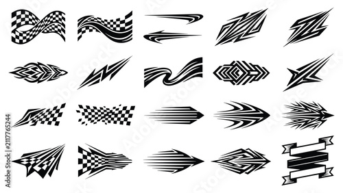 Racing car decals set with checkered flag speed stripes and vehicle vinyl graphic vector illustration