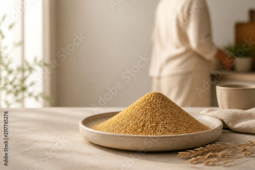 Golden-brown psyllium powder on ceramic dish with soft background, dietary fiber wellness concept