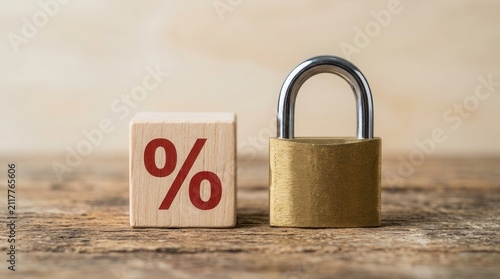 Secure finance illustrated by a padlock and percentage sign on a wooden block for fixed interest rate concept