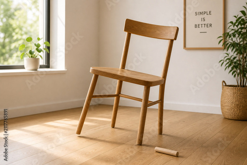 Misaligned wooden chair with crooked leg and unassembled dowel, DIY furniture assembly concept