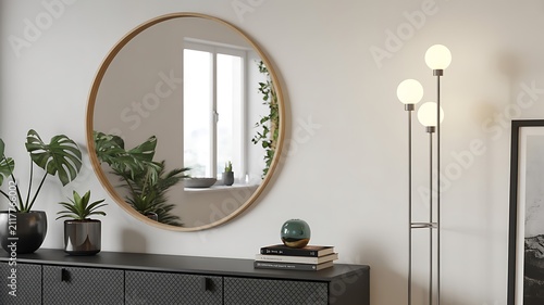 Stylish contemporary home decor featuring a circular mirror, elegant floor lamp, and green potted plants