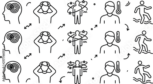 Obraz na płótnie Medical symptoms and sickness line icon set featuring headache dizziness fever high temperature confusion loss of balance and vertigo vector elements