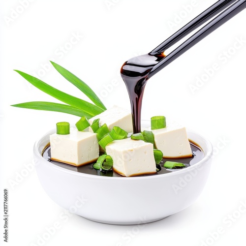 Tofu Cubes Drizzled with Dark Sauce and Chopsticks