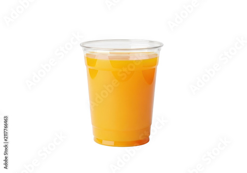 Fresh orange juice in a clear plastic disposable cup for takeaway refreshment isolated on transparent background