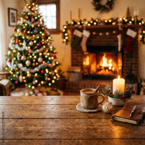 Cozy Christmas living room with fireplace and lit tree.