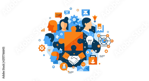 Business Teamwork and Collaboration Concept Illustration with Puzzle and Handshake
