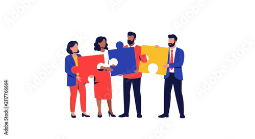 Diverse Corporate Team Collaborating and Fitting Jigsaw Puzzle Pieces Together for Business Success and Unity Concept