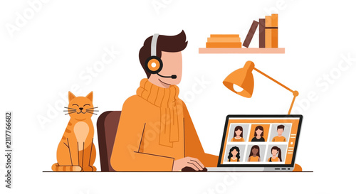 Remote Worker Having Online Video Conference on Laptop at Home Office with Cat Illustration