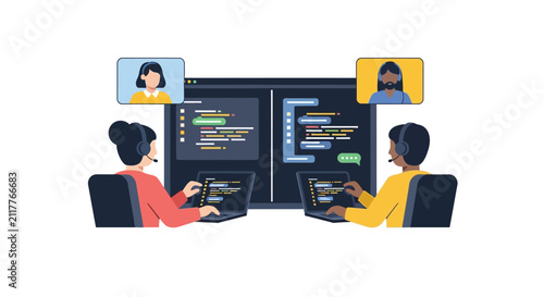 Software Developers Collaborating Remotely on Code Project Flat Vector Illustration