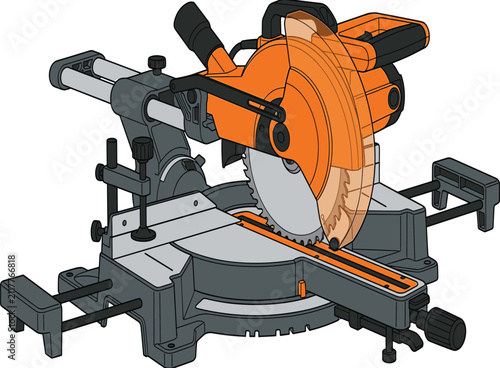 Professional vector illustration of a modern compound sliding miter saw for woodworking and construction