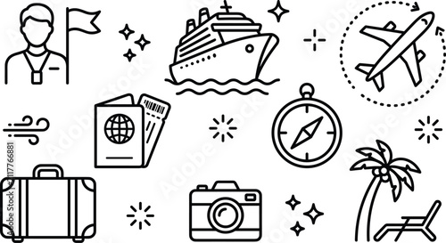 Travel and tourism vector line icon set featuring cruise ship airplane flight tour guide passport ticket suitcase compass camera and beach palm tree elements.