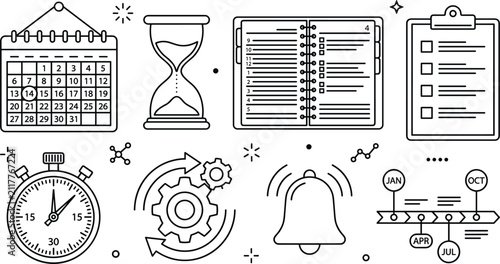 Time management and productivity business icon set with calendar hourglass planner notebook clipboard checklist stopwatch process gears alarm bell and timeline vector.