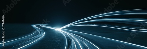 Bright AI Node Orchestrating Glowing Streams in Deep Navy Void With Cool Teal Light and Deep Perspective
