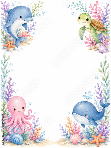 Watercolor marine border with dolphin turtle octopus whale coral and seashells framing empty space for invitations, nursery decor, greeting cards and summer designs